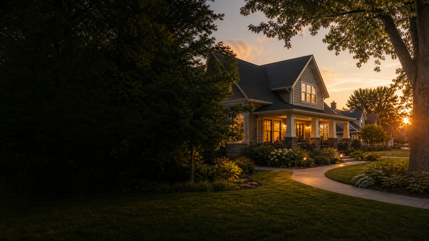 AI-generated residential rental home at golden hour